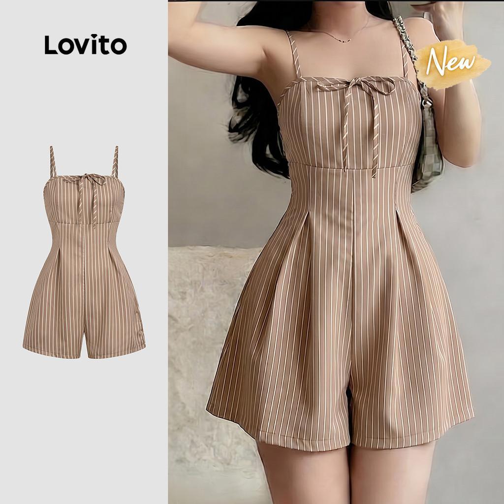 (New Arrival) Lovito Macacão Casual com Zíper e Laço de Primavera/verão Cáqui para mulheres LK7ED583
