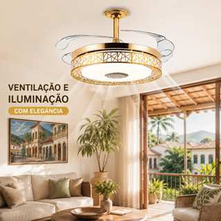 Ventilador de Teto Retrátil com LED 108 cm Dourado Bivolt com Controle Remoto e Som Integrado