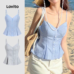 Lovito Casual Listrada Blusa de Botões No Topo com Pregas Linha Estrutural Primavera/verão Azul para Mulheres L144AD031