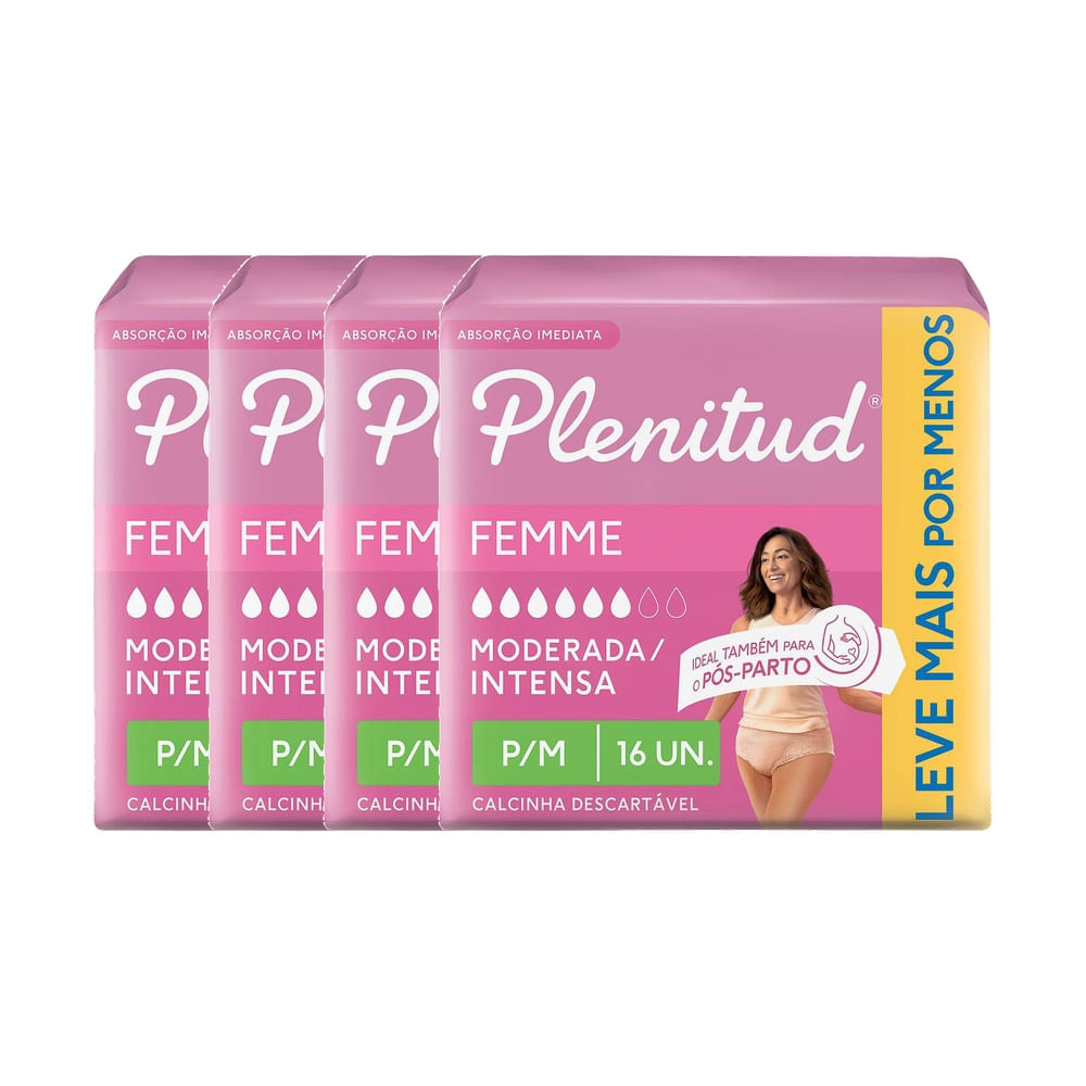 Kit 4 Roupa Íntima Plenitud Femme Moderada Intensa Tamanho P/M 16 Unidades