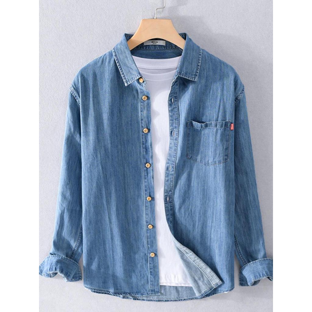 Camisa jeans masculina de manga comprida de algodão puro Casual tamanho grande Slim fit japonês retrô jaqueta jeans roup