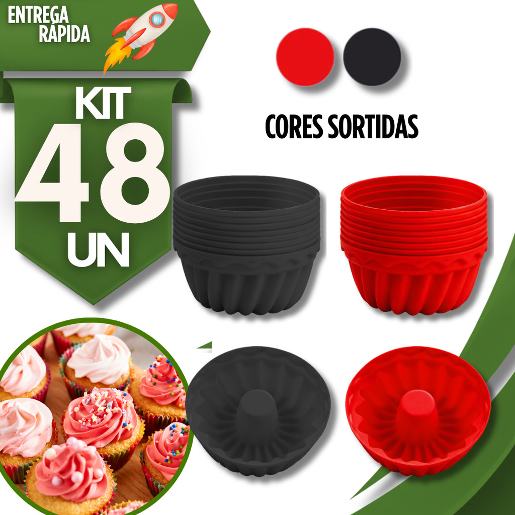Jogo 48/36/24/12 Forma Cupcake Silicone Mini Bolo Muffin Pudim Com Furo Central Cor Sortida Utilidades