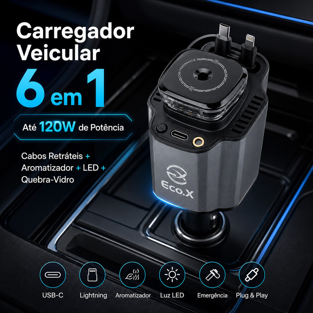 Carregador Veicular 6 Em 1 120W Com USB C Cabos Retráteis Aromatizador E Quebra Vidro