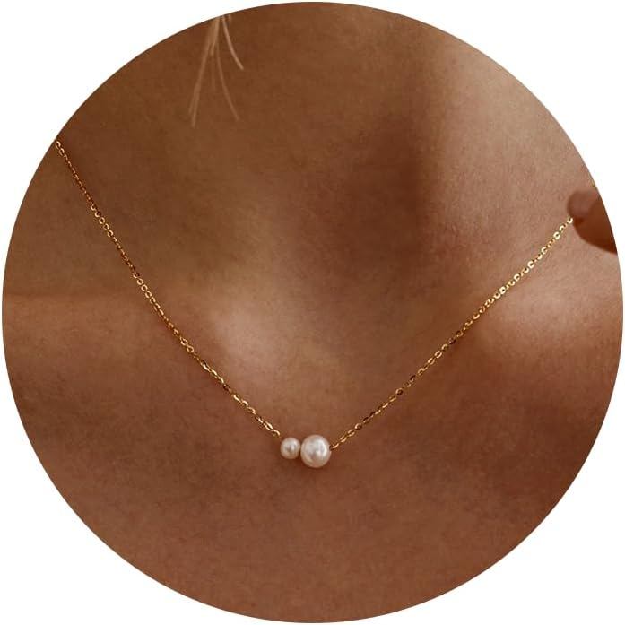 Colares de Pérolas para Mulheres, Elegantes, Colar Delicado Banhado a Ouro 14k, Colar Simples com Pingente de Pérola, Pr