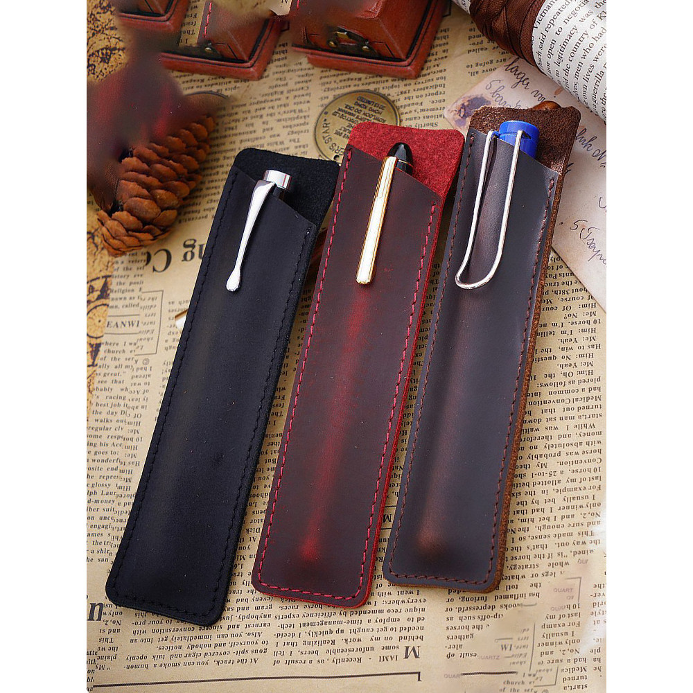 Estojo de caneta costurado à mão de couro genuíno genuíno estilo retrô estojo de caneta simples cavalo louco bolsa de ar