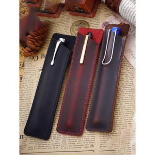 Estojo de caneta costurado à mão de couro genuíno genuíno estilo retrô estojo de caneta simples cavalo louco bolsa de ar