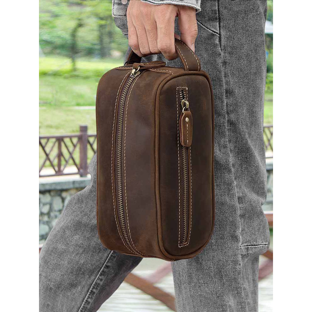 F Estojo masculino de couro de primeira camada retrô com zíper multifuncional de grande capacidade B