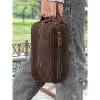 F Estojo masculino de couro de primeira camada retrô com zíper multifuncional de grande capacidade B