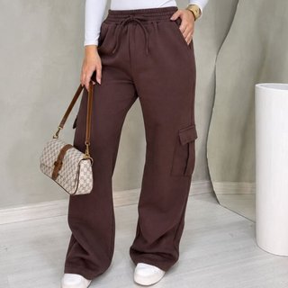 Calça Moletom Feminina Marrom Wide Leg Cintura Alta