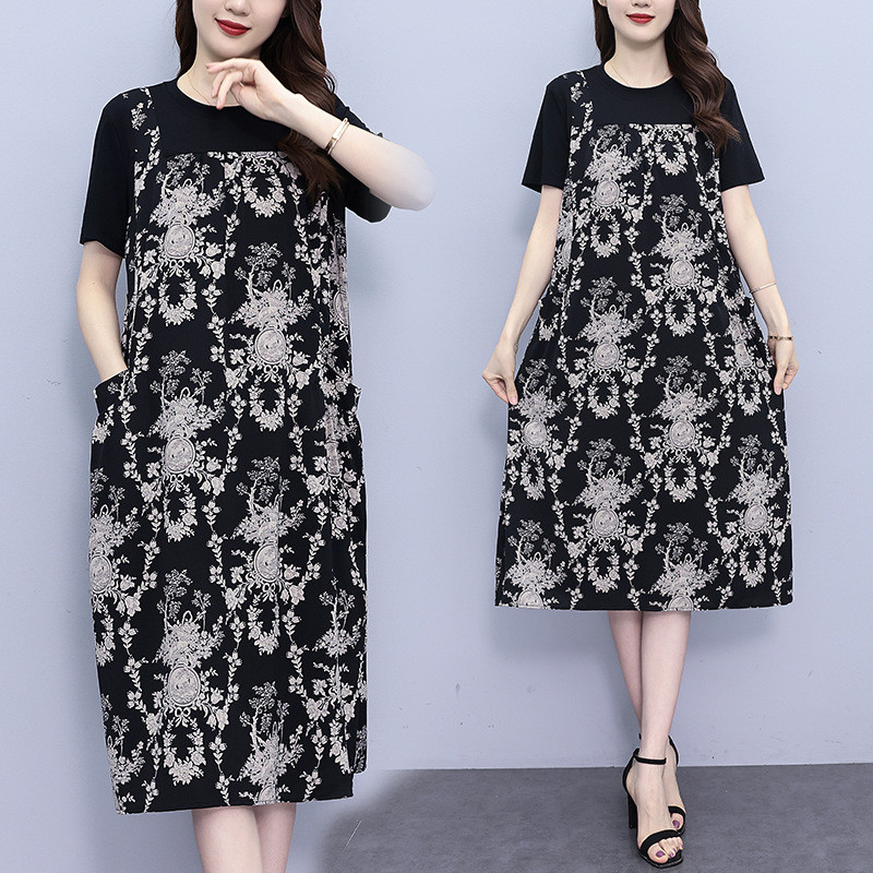 Olhos grandes [roupas femininas grandes] Vestido de manga curta - verão com redução de idade Plus Size Roupas femininas