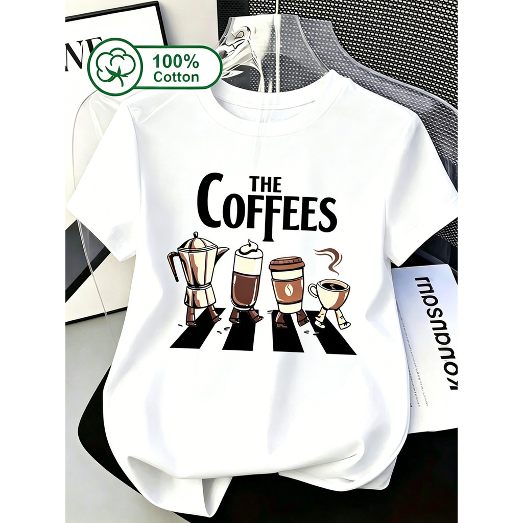 Camiseta Unissex  Algodão com Estampa de Máquina de Café e Xícara, Ideal para Passeios Diários, Top Verão  Casual