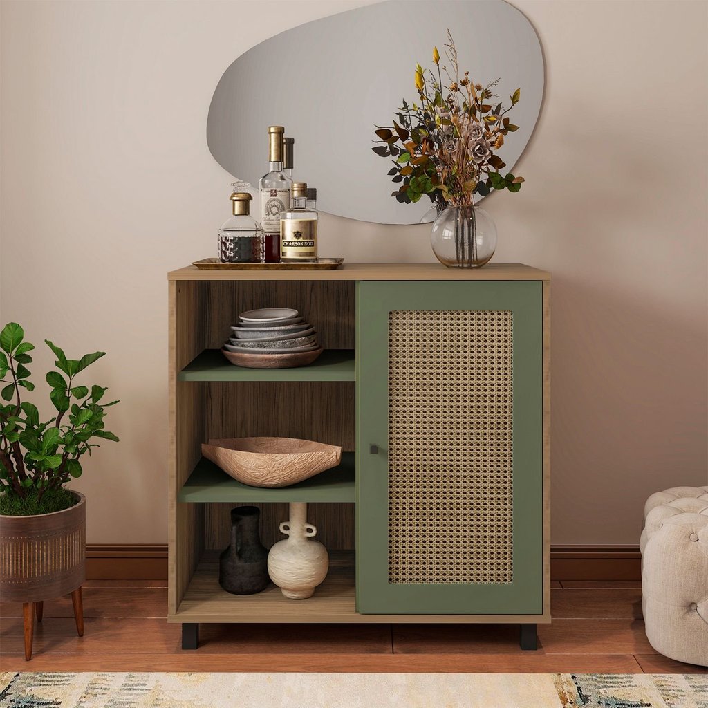 Buffet 1 Porta Palhinha Rattan Charlotte Verde/Carvalho/Menta Carvalho/Menta