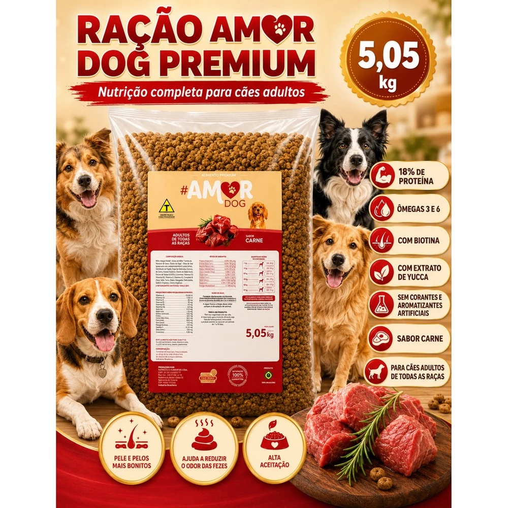 Ração Cachorro Premium 5kg Amor Dog Carne 18% Proteina Adulto Todas Raças