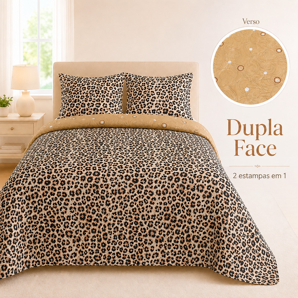 Colcha Cobre Leito Casal Queen Dupla Face 2 Porta Travesseiros Estampada Matelado