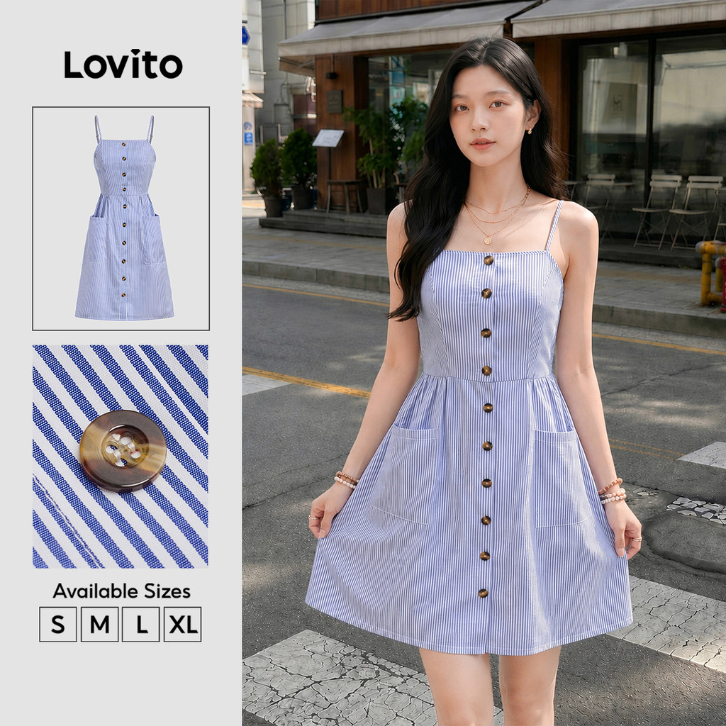 Lovito Casual Vestido Azul de Primavera/verão com Botões Na Frente Bolsos e Listras para mulheres L138ED424