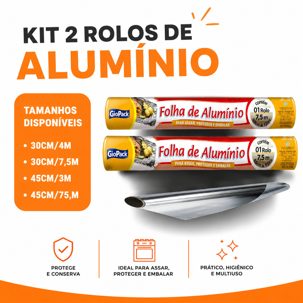 Kit 2 Rolos Papel Alumínio Resistente p/ Cozinha e Churrasco, 30cm e 45cm, Uso Doméstico e Profissional