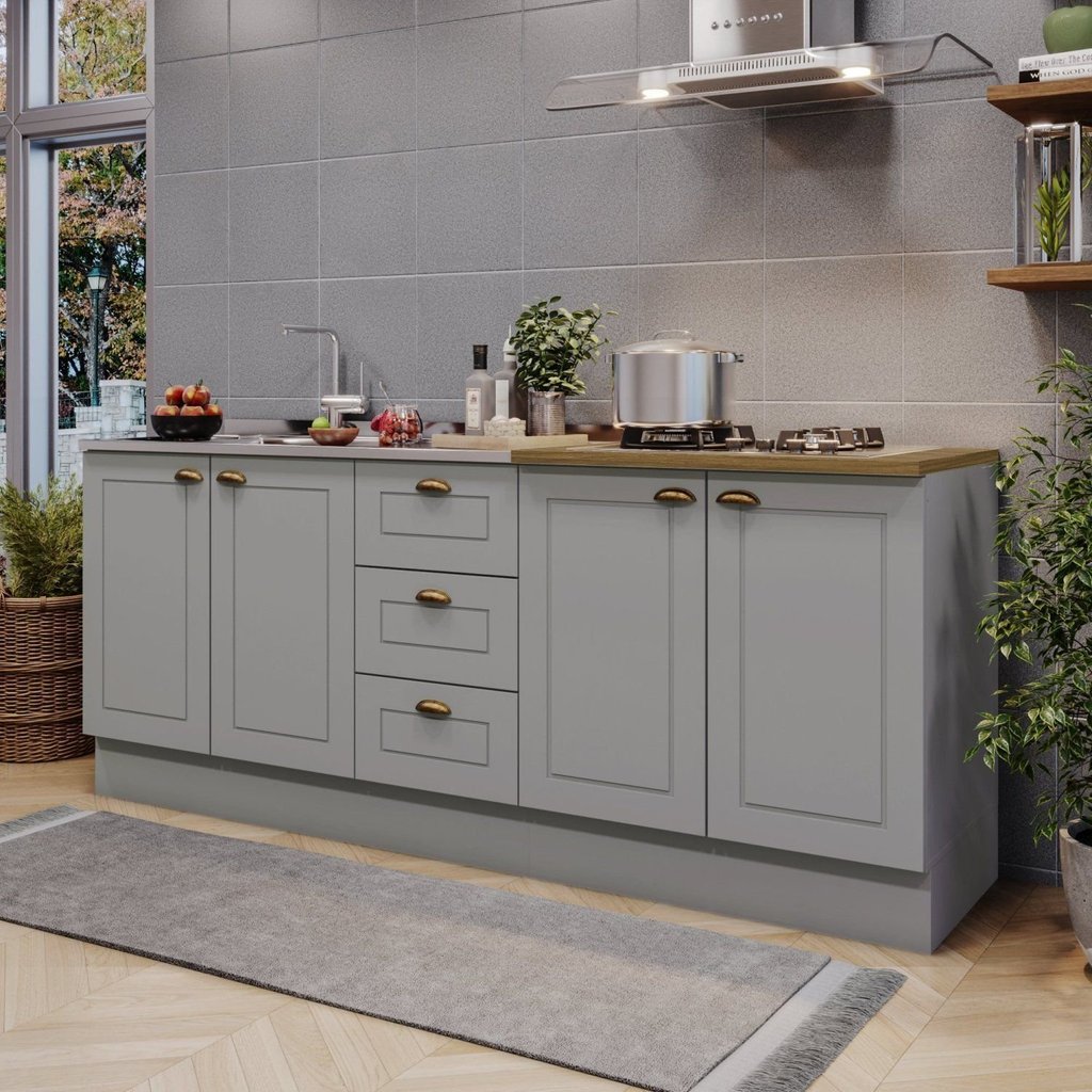 Cozinha Compacta Modulada 4 Portas 3 Gavetas Emily Cinza/Nature