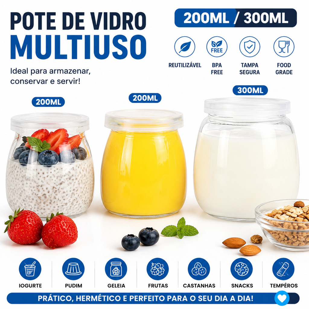Pote de Vidro com Tampa para Iogurte Sobremesa Pudim Mousse Recipiente Hermético Reutilizável Organizador Cozinha