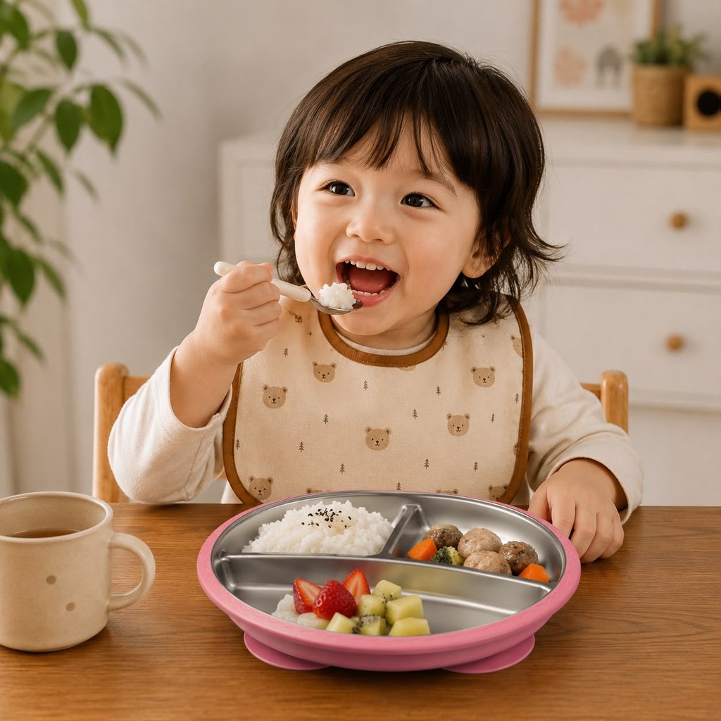 Prato Infantil com Divisórias em Aço Inox e Base de Silicone com Ventosa 20cm Alimentação Bebê