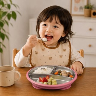 Prato Infantil com Divisórias em Aço Inox e Base de Silicone com Ventosa 20cm Alimentação Bebê