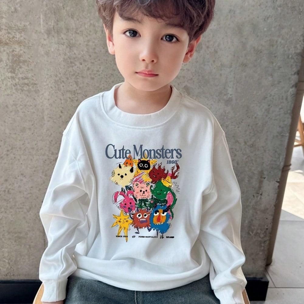Camiseta Infantil Manga Longa para Ir à Escola 100% Algodão estampa monstros fofos Blusa Segunda Pele para meninos