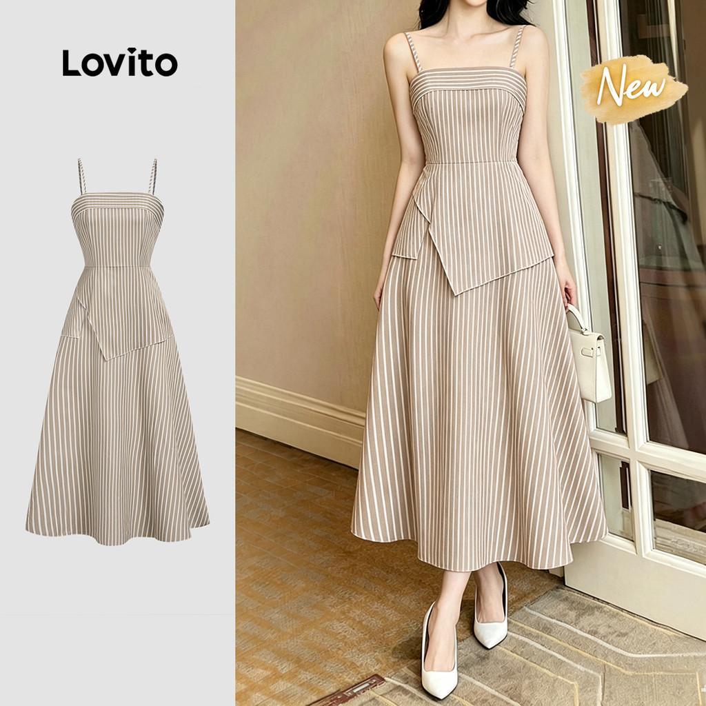 (New Arrival) Lovito Vestido Elegante Estampa Falsa 2 em 1 Primavera/verão Cáqui