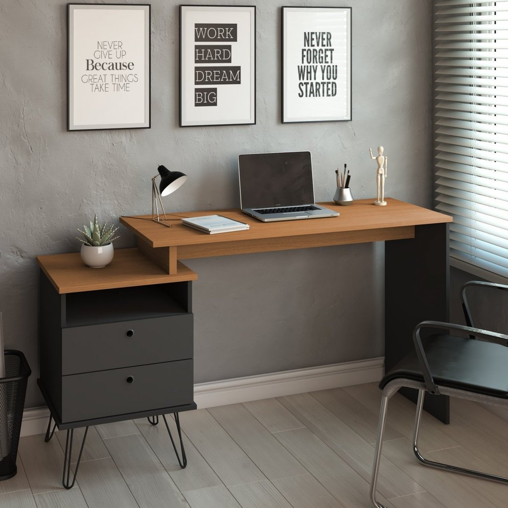 Escrivaninha Mesa Escritório com Regulagem Estilo Plus 2 Gavetas 143,5cm Freijó e Preto Artany Freijó/Preto