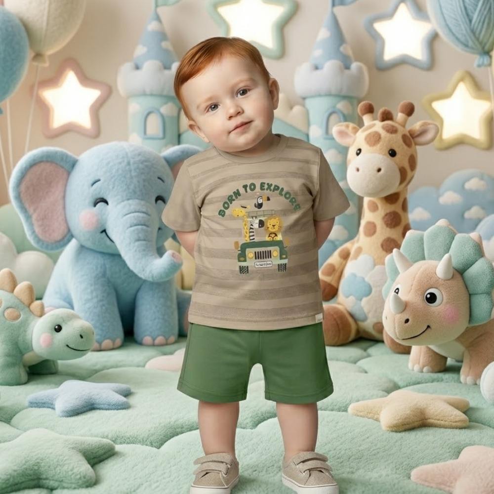 Conjunto Menino Alakazoo Camiseta em Algodão Listrado e Bermuda Moletom