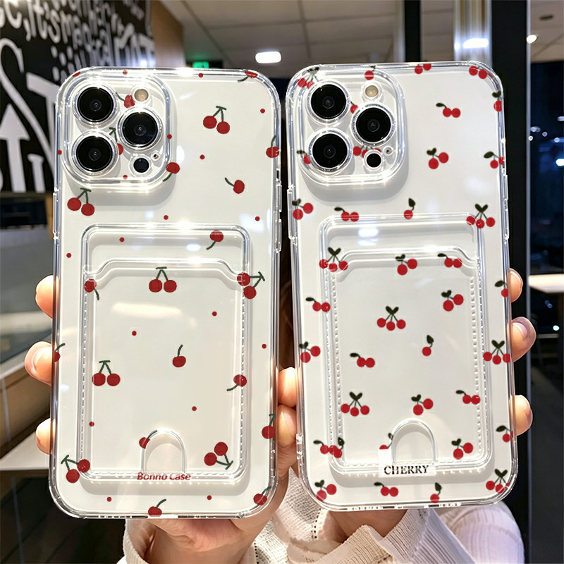 Capa Para iPhone 13 11 12 14 15 16 17 Pro Max Transparente Silicone Anti-impact Capinha Card Case Cereja