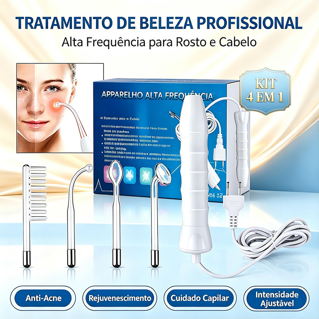Aparelho Alta Frequência Portátil com 4 Eletrodos de Vidro, Tratamento Facial Anti-Acne, Rejuvenescimento E Capilar