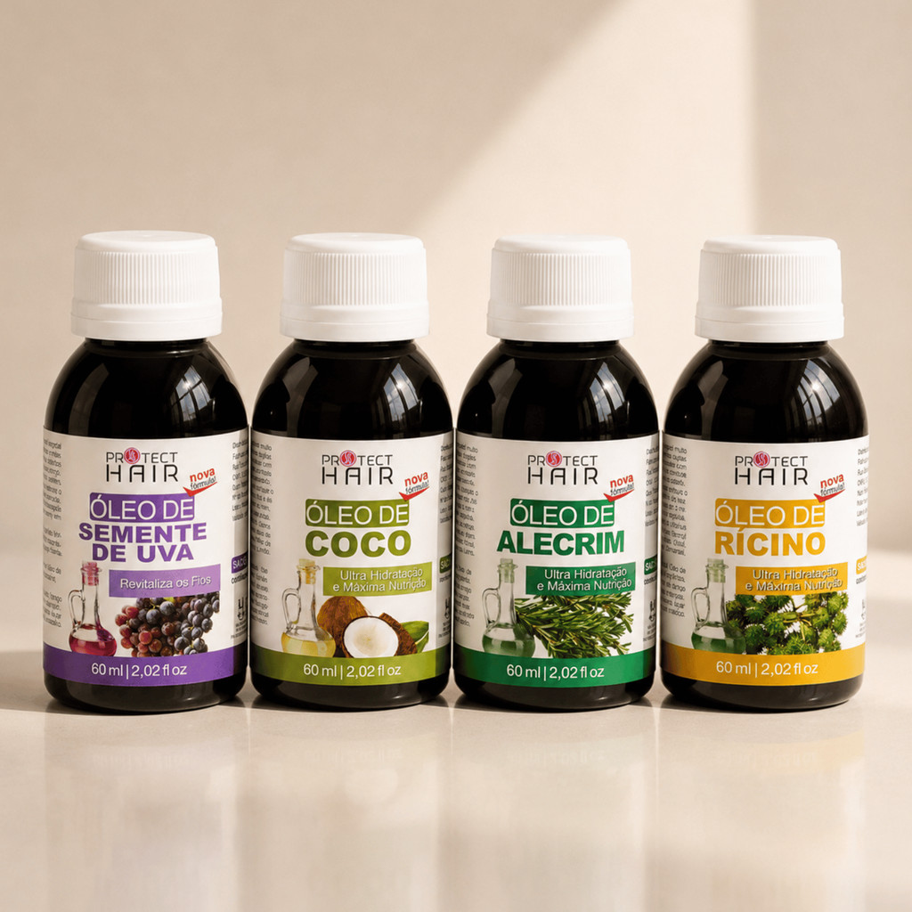 Kit 4 Óleos vegetais Capilares 60ml Protect Hair - Alecrim, Uva, Coco e Rícino