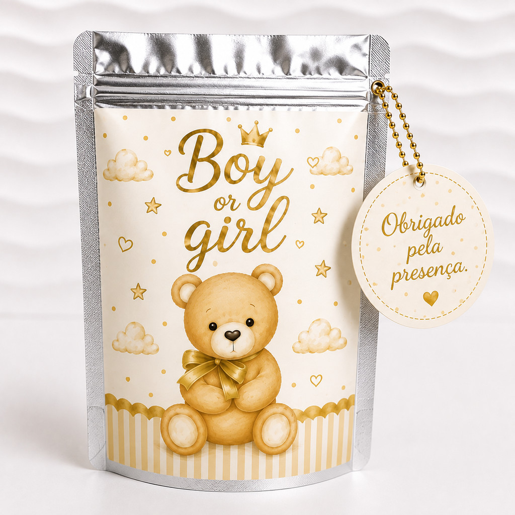 Saquinho Metalizado Personalizado Ursinho Dourado Ziplock | Chá de Bebê | Chá Revelação | Lembrancinha - Acompanha TAG