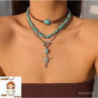 Kit Colar Turquesa Boho Country Western Couro Prata Envelhecida. Choker Pingente Boi. Maxi Colar Feminino Moda Tendência