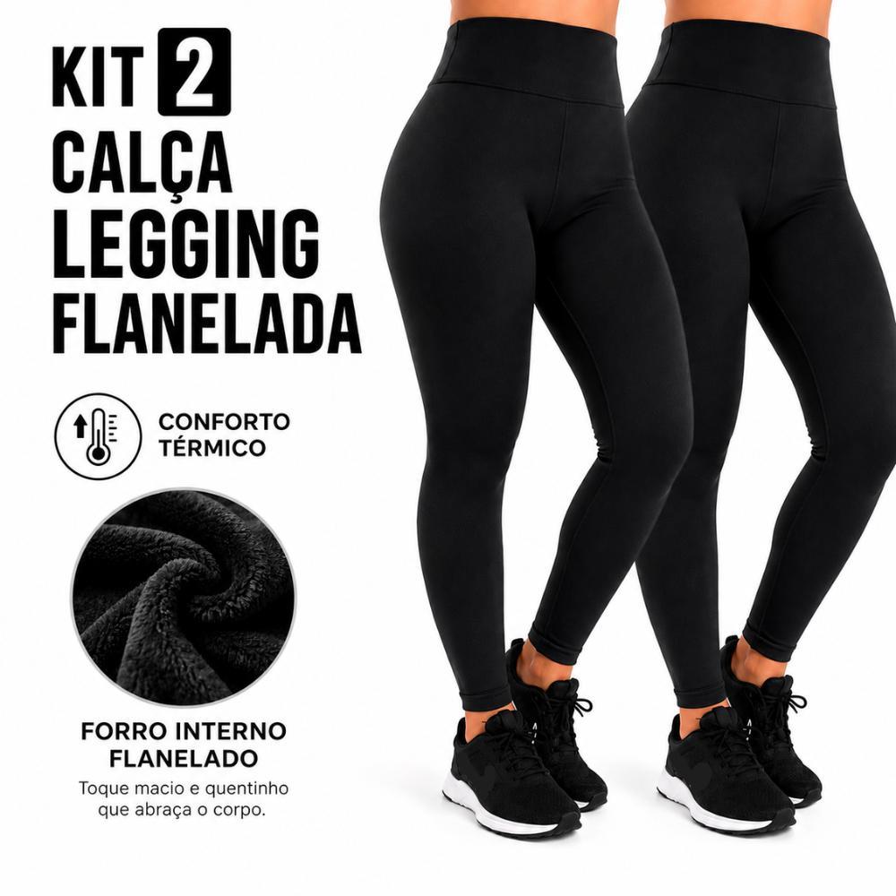 Kit 2 Calça Legging Feminina Cintura Alta Flanelada Térmica Zero Transparência Academia Conforto