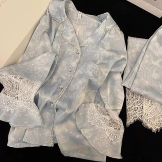 Pijamas de seda gelo feminino pérola primavera outono verão manga comprida fina seda High-End Homewear ins pijamas conju