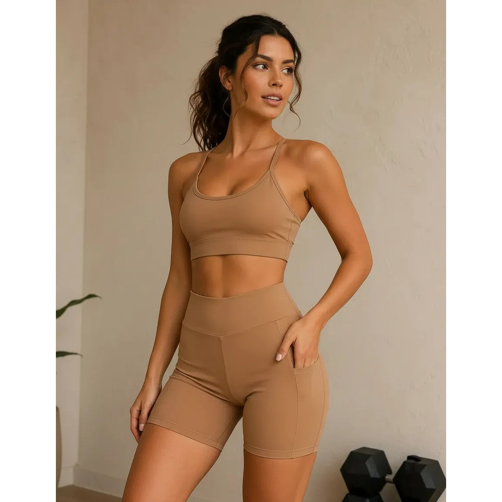 Conjunto Fitness Virginia Top Shorts Meia Coxa Cintura Alta