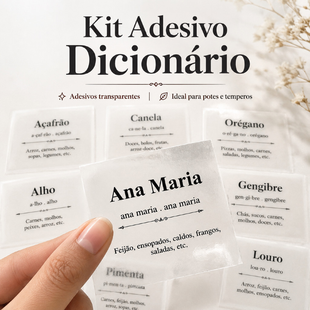 Kit 48 Adesivos Estilo Dicionário para Potes de Temperos | 5,5x5,5cm