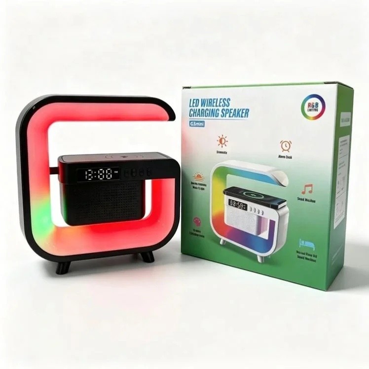  Alto-falante Bluetooth retrô com carregador sem fio de 15W RGB LED despertador de luz noturna, alto-falante doméstico p
