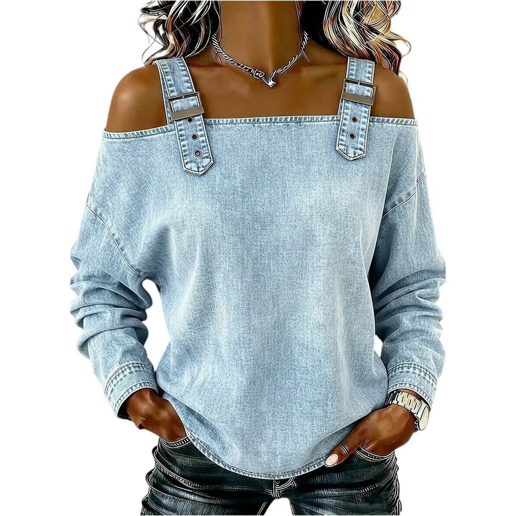 Blusa de Denim Feminina, Alça de Ombro com Laço Simples, Top de Manga Longa Off-Shoulder, Camisa Elegante e HPJQ