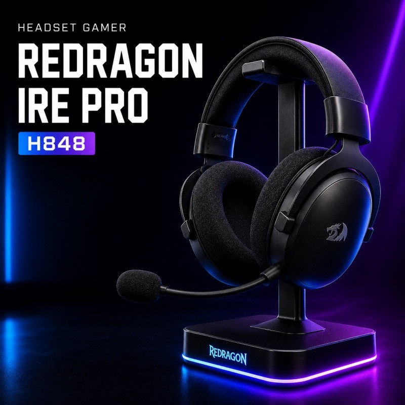 Headset Gamer Redragon Ire Pro H848 Sem Fio 2.4GHz Bluetooth Cabo Driver 40mm Microfone PC PS5 Notebook Celular Preto