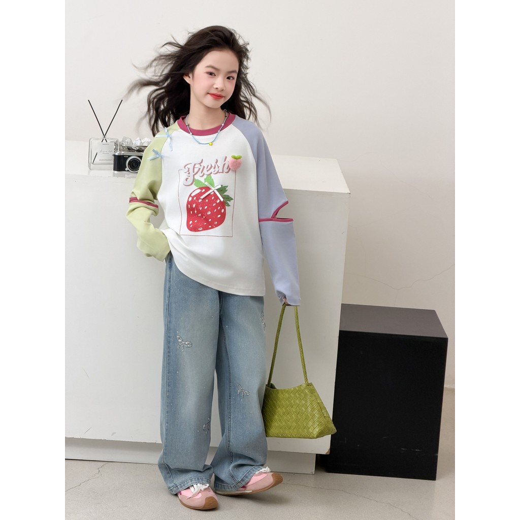 Meninas de manga comprida camiseta roupas de primavera 2026 novo estilo versão coreana moda crianças doce camisa de fund