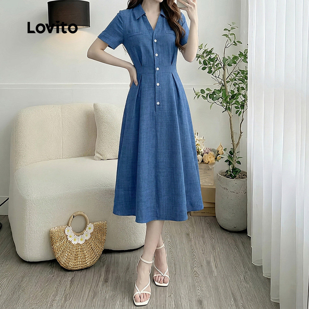 Lovito Vestido Casual Azul de Primavera/verão com Frente Plissada e Botões para mulheres DRK8P1D936 · foto 2