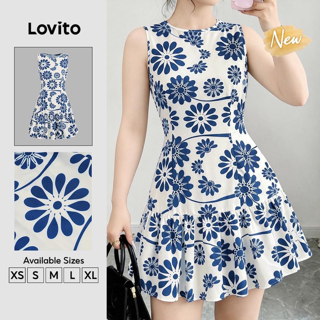 (New Arrival) Lovito Vestido Boho com Flores Estilo Resort Barra de Babados Primavera/verão para Mulheres DRB202P2D066