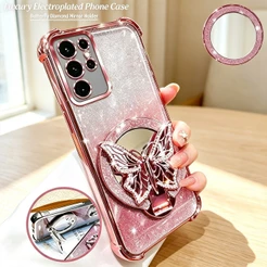 Luxo Galvanizado Glitter Borboleta Espelho Suporte Caso Para Samsung Galaxy S26 S25 S24 S23 S22 Ultra Plus S26 Edge FE