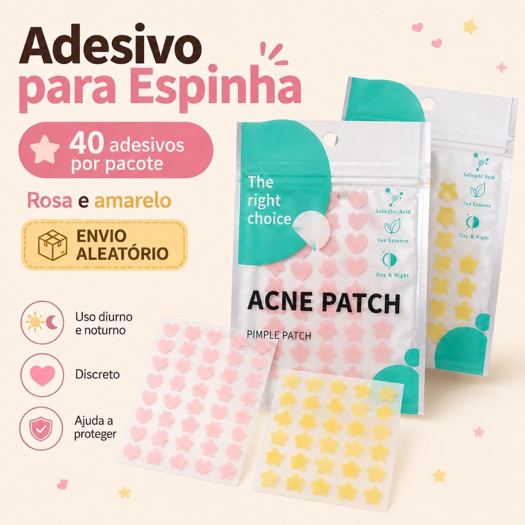 Adesivo para Espinha Acne Patch 40 Unidades com Ácido Salicílico – Rosa ou Amarelo Envio Aleatório