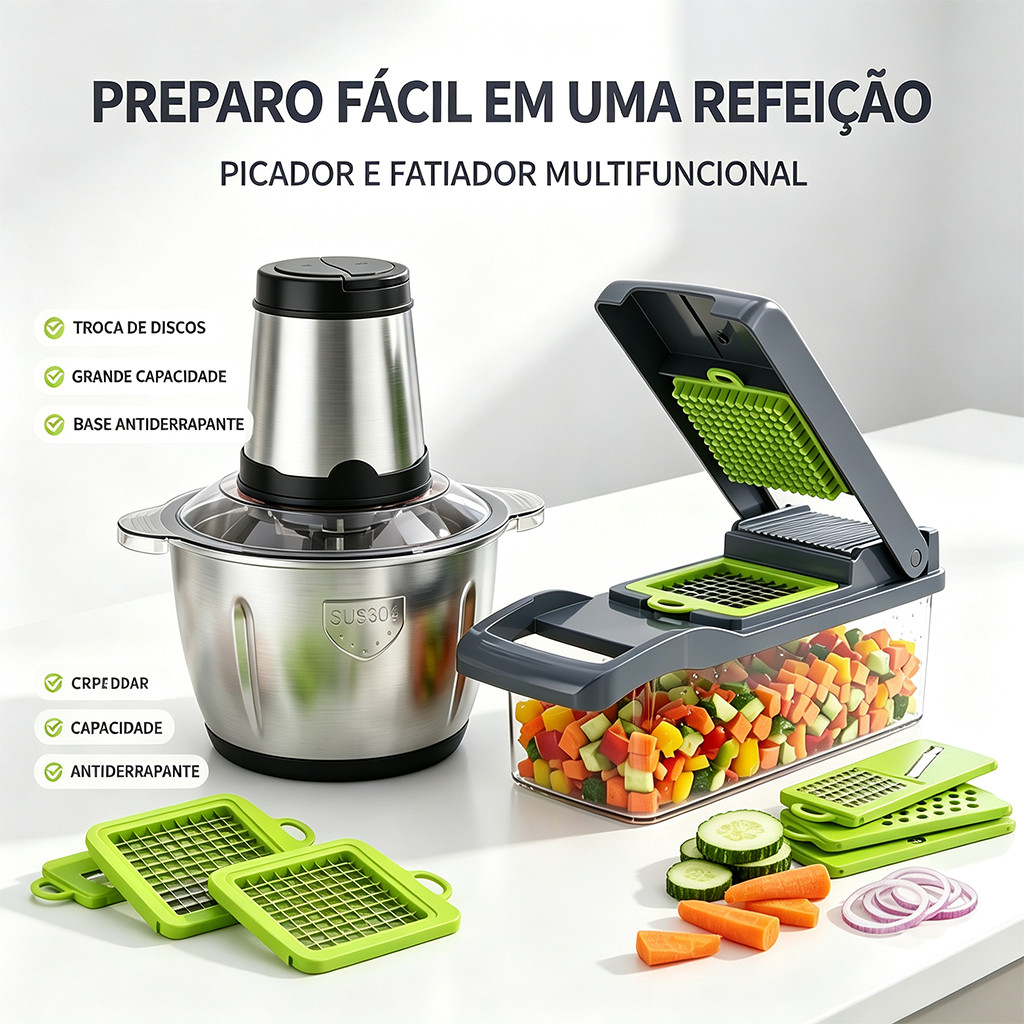 Kit Cortador de Legumes + Triturador de Alimentos 14 em 1 Aço Inox