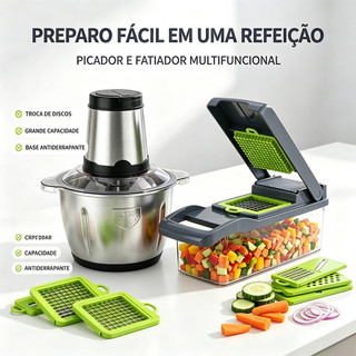 Kit Cortador de Legumes + Triturador de Alimentos 14 em 1 Aço Inox