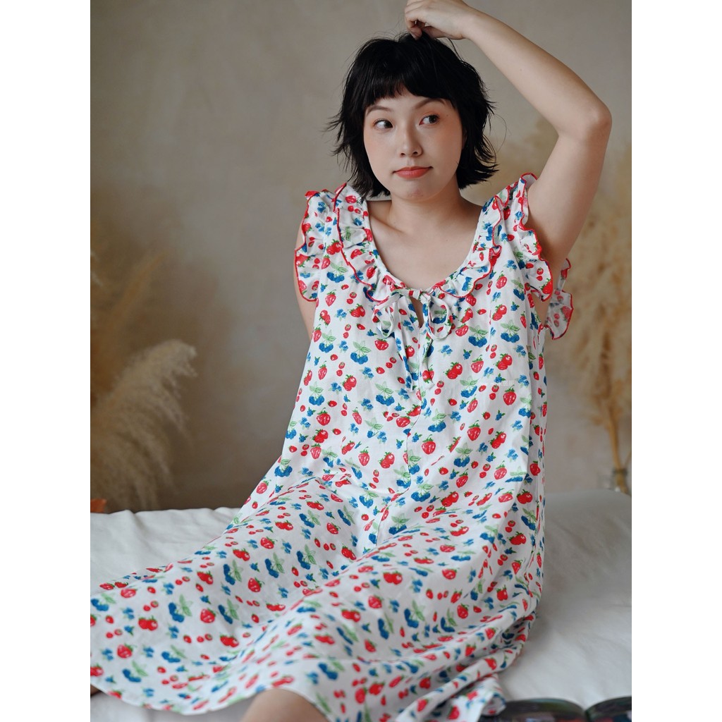 Pijamas femininos verão puro algodão gaze Cranberry bagas pequeno estilingue em torno do pescoço estilo Mori pode usar f