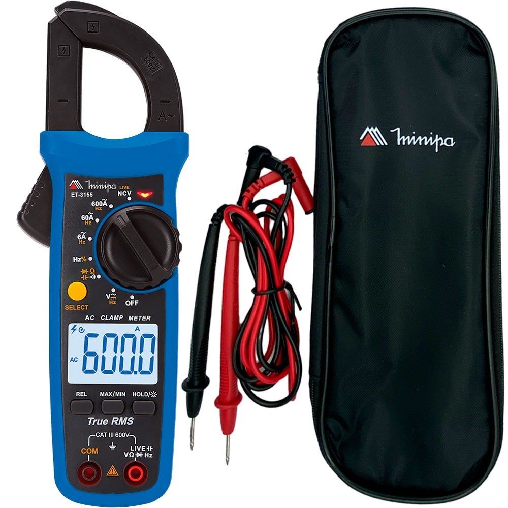 Alicate amperímetro digital CAT III 600V True RMS - ET-3155 - Minipa