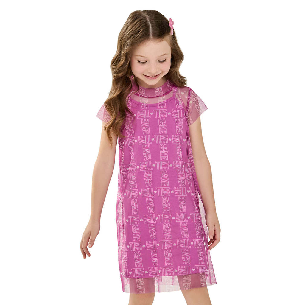 Vestido Infantil Menina Manga Curta Tule Elian Rosa